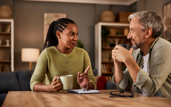 Man and woman having a focused conversation