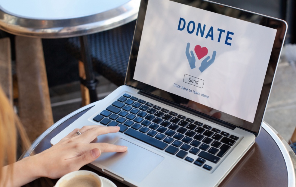 A professional looks at a computer screen that is showing a donation page.