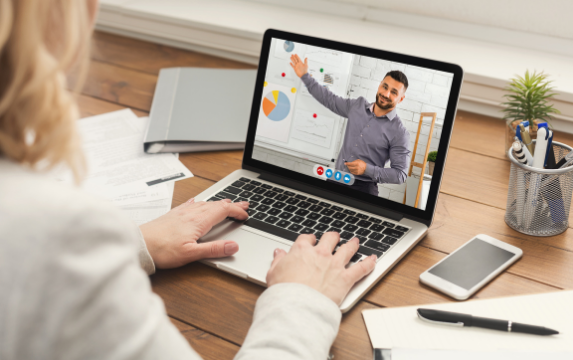 Advisor conducts virtual meeting with client