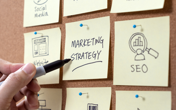 Sticky notes outlining a marketing strategy