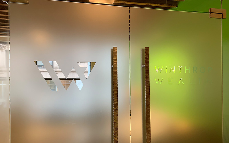 Winthrop Wealth Entryway with Logo in Frosted Glass doors