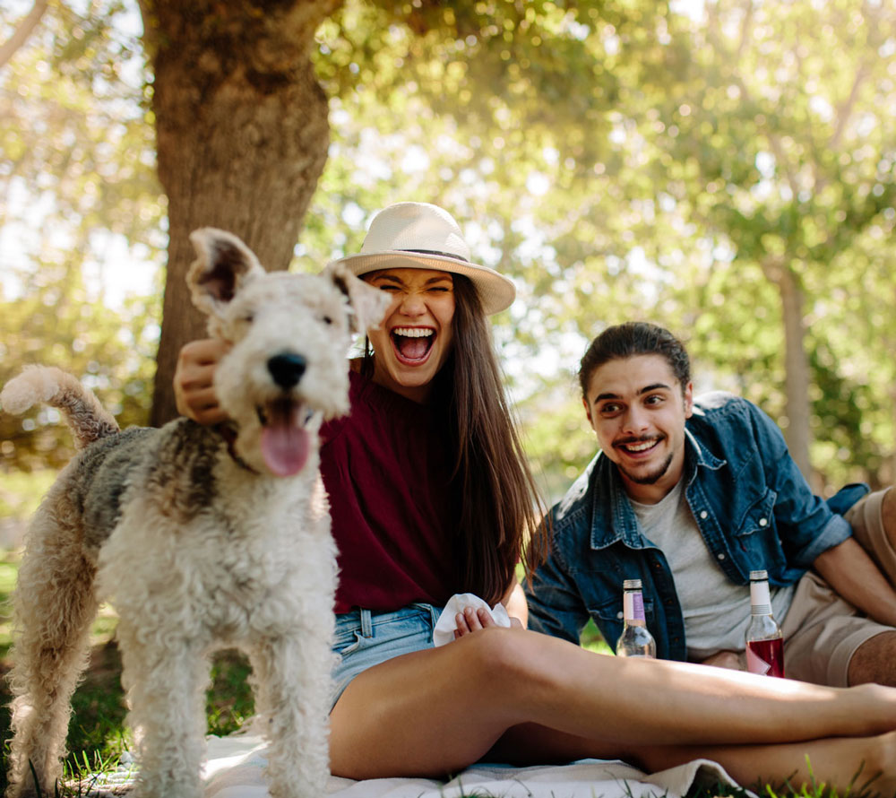 Happy people with their dog enjoying a day in the park